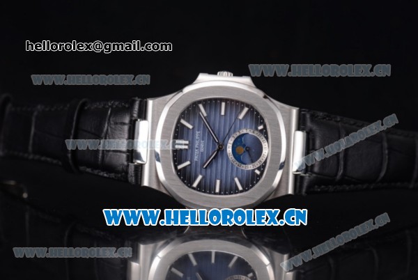 Patek Philippe Nautilus Miyota 9015 Automatic Steel Case with Blue Dial Black Leather Strap and Stick Markers - Click Image to Close